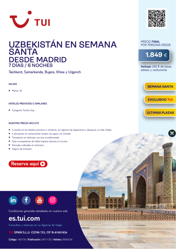 Uzbekistán en Semana Santa. 7 días / 6 noches. Exclusivo TUI. Últimas plazas. 30 MAR desde MAD desde 1.849 &euro; 