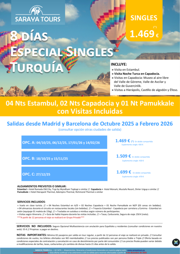 ** Semana Santa: Especial Singles a Turquía  8 días  ** Circuito con Visitas Incluidas. Salida 28MAR26