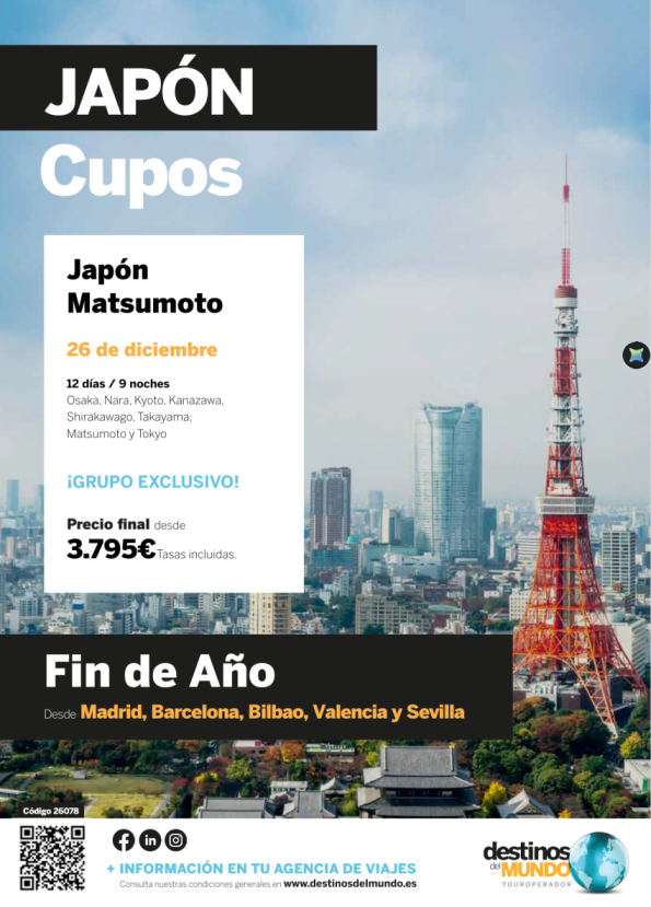 ????FIN DE AÑO Japón Matsumoto CUPOS 12 días / 9 noches salidas: 26 diciembre 2026 desde 3.795 &euro; ????