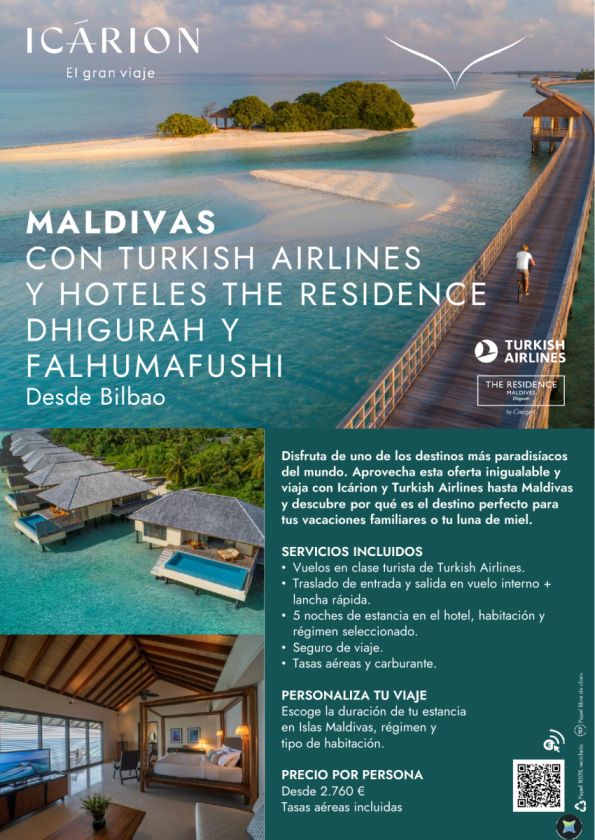 Maldivas con Turkish Airlines y Hoteles The Residence Dhigurah y Falhumafushi desde Bilbao