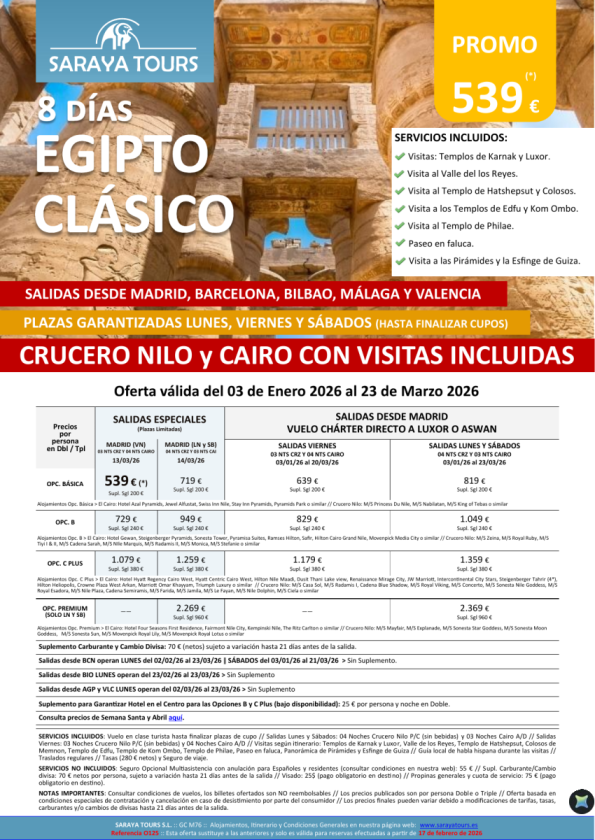 Egipto Clásico 8 días. *Salidas Bcn, Mad ,Agp ,Bio & Vlc * Crucero y Cairo + visitas dsd 499 &euro; hasta Dic26