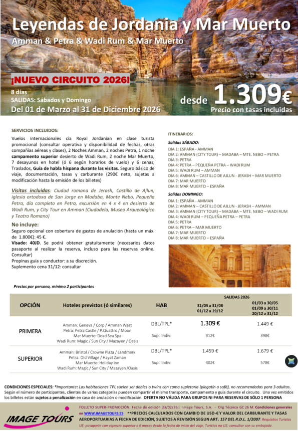 Nuevo programa Leyendas de JORDANIA *circuito Premium* con Petra, Wadi rum y relax en Mar Muerto, dsd 1.309 &euro; 