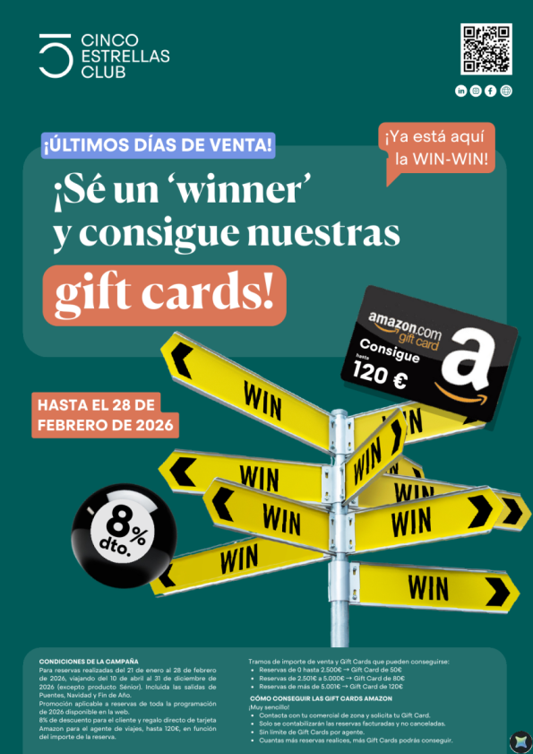 Últimos días de venta. Campaña Win Win 8% dto   Gifts Cards hasta 120 &euro; . Reservas hasta 28 febrero.