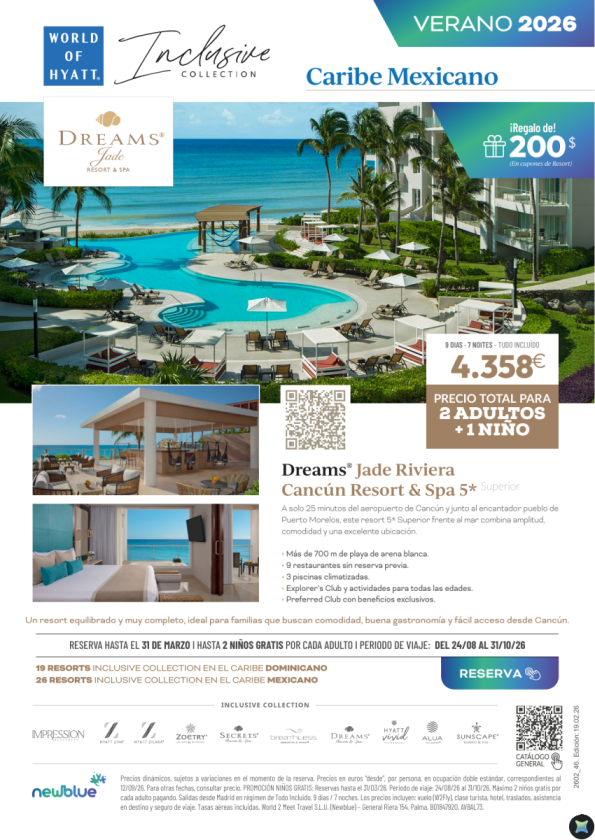 Dreasm Jade con Niños Gratis hasta el 31/03. Viaja del 01/05 al 31/10. 2 Adultos + 1 niño: 4.358 &euro; 