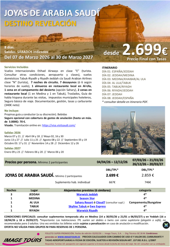 Joyas de ARABIA SAUDI 2026-2027, circuito con todas las visitas y noche en desierto, 8 días desde 2.699 &euro; 