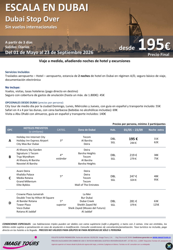 Escala en DUBAI (Dubai Stop Over), 2 noches con traslados y visitas opcionales, desde 195 &euro; precio final