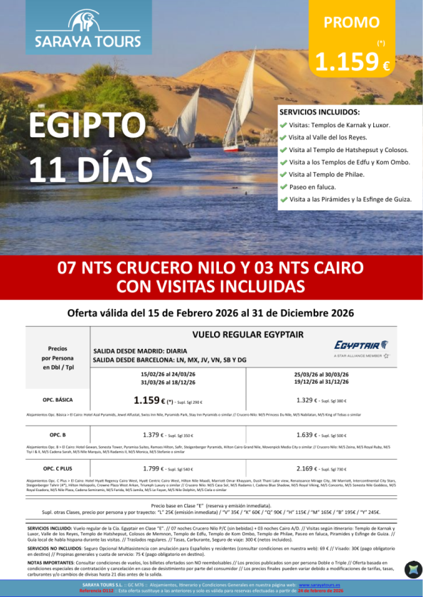 Egipto 11 días. Salidas Mad y Bcn *Crucero 7 noches y Cairo con Visitas Incluidas* dsd 1159 &euro; hasta Dic26