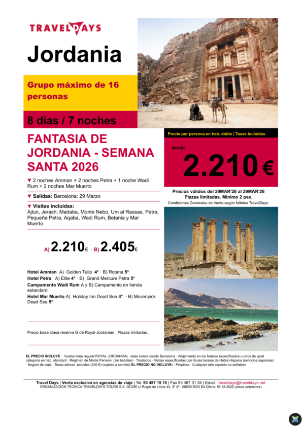 Ultimas plazas Jordania Semana Santa 29 marzo desde Barcelona por 2.210 &euro; 