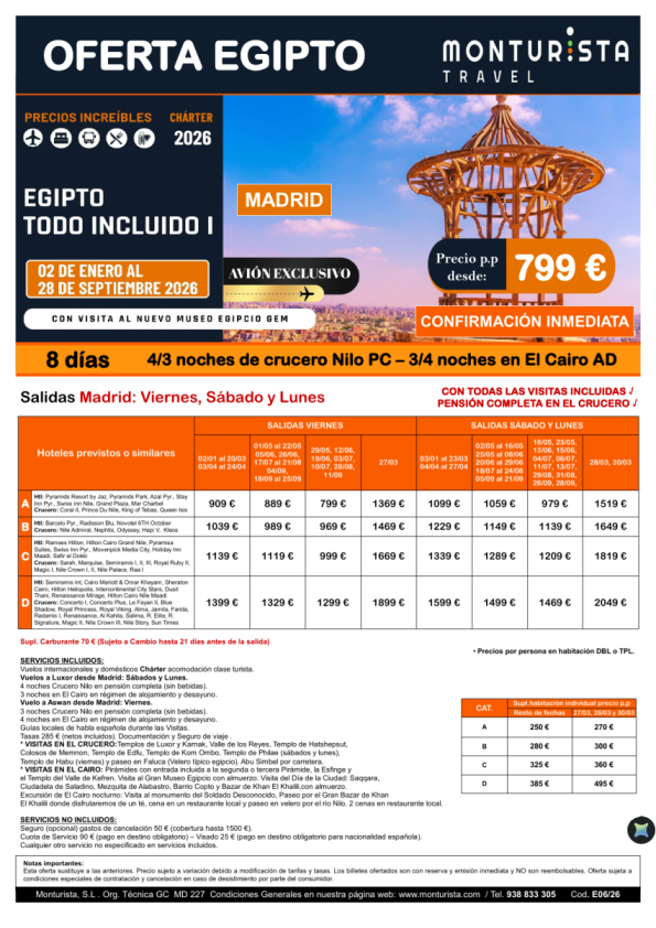 EGIPTO Todo Incluido I**desde 799 &euro; - salida charter MAD, BCN, especiales agp,vlc,bio crucero + cairo + visitas