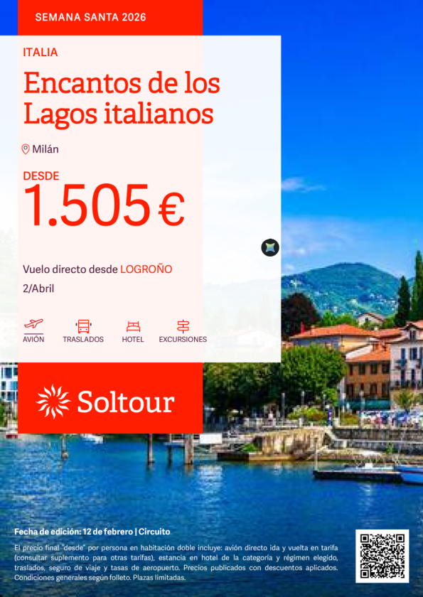 Encantos de los Lagos italianos desde 1.505 &euro; , salidas el 2 de abril desde Logroño