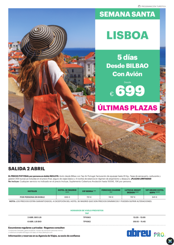Semana Santa Lisboa con avion ultimas plazas desde Bilbao 5 dias salida 02 Abril