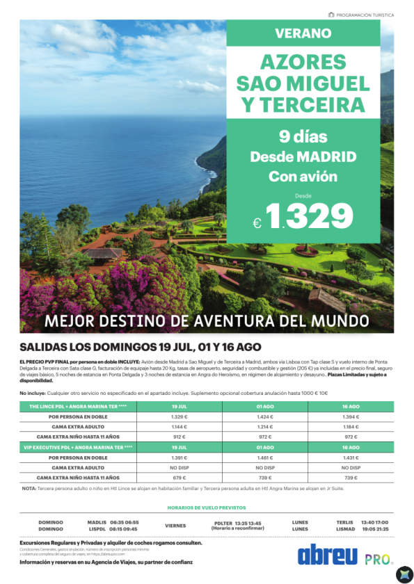 Combinado 2 Islas Azores 9 días desde Madrid Julio y Agosto plazas garantizadas
