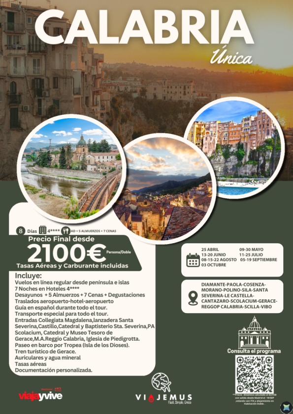 Calabria (Italia) entre dos mares y mil historias que contar, 8 días, hoteles 4* con 5 almuerzos y 7 cenas.