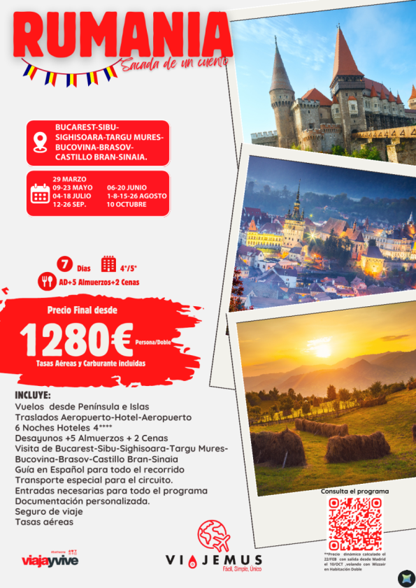 Rumania, un destino como sacado de un cuento. Salidas garantizadas. 7 días, Hoteles 4*,  5 Almuerzos + 2 Cenas