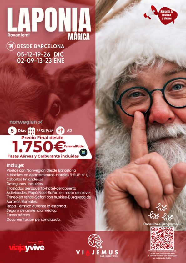Laponia Mágica, Salidas Garantizadas desde Barcelona. 5 días, visita de Papá Noel, Auros Boreales, Huskies.