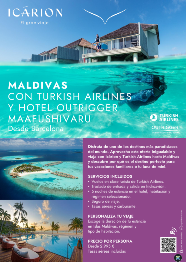 Maldivas con Turkish Airlines y hotel Outrigger Maafushivaru desde Barcelona