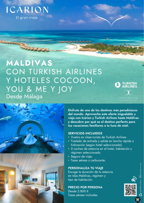 Maldivas con Turkish Airlines y Hoteles Cocoon, You & Me y Joy desde Málaga