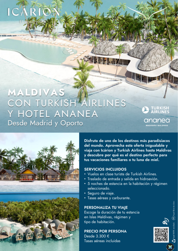 Maldivas con Turkish Airlines y hotel Ananea desde Madrid y Oporto