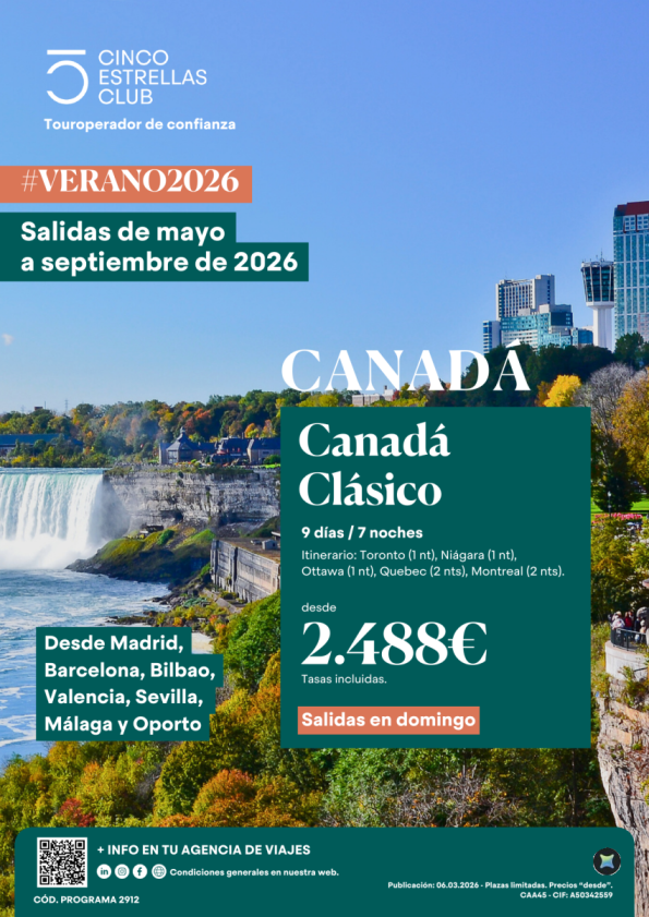 Ofertas Verano\'26 Canadá Clásico 9d/7ns dsd 2 sal.domingos dsd mayo a sept dsd Mad, Bcn,Bio,Vlc, Svq,Agp,Opo