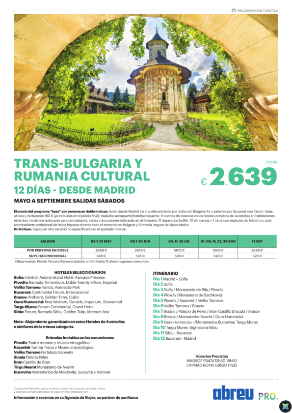 Circuito Trans Bulgaria y Rumania cultural 12 dias desde Madrid May a Oct