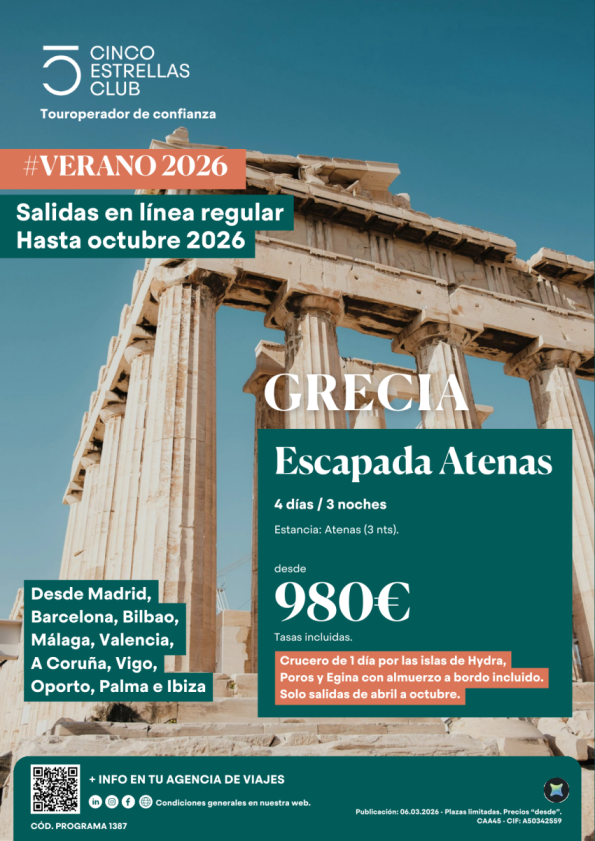 Verano\'26 Escapada Atenas 4d/3ns dsd 980 &euro; sal. dsd Mad,Bcn,Bio,Agp,Vlc,Lcg,Vgo,Opo, Pmi