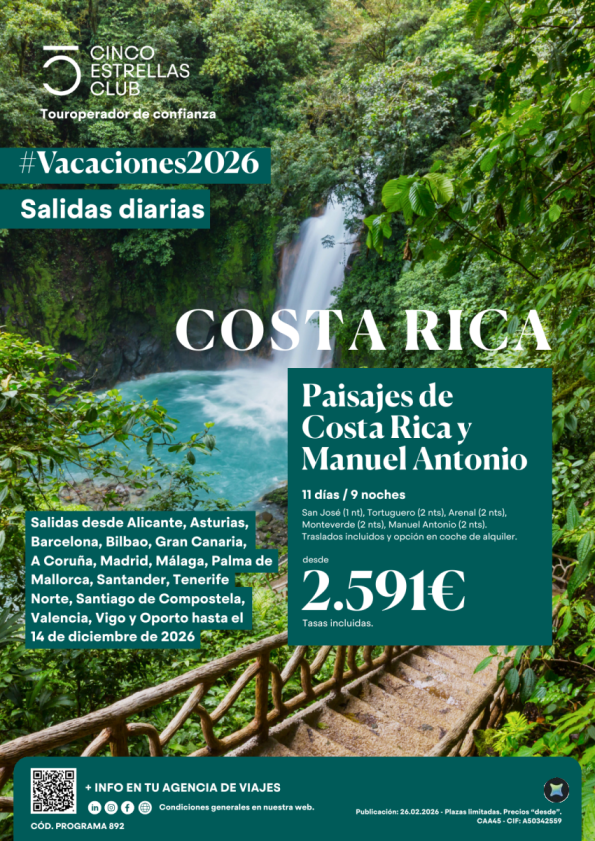 Paisajes de Costa Rica y M.antonio  11d/9ns dsd 2.591 &euro; sal.diarias hasta dic\'26  ver aeropuertos de salidas