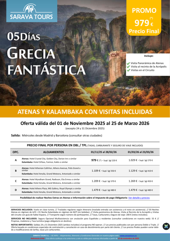 Promo! Grecia Fantástica 5 días: Circuito Atenas y Kalambaka (Delfos y Meteora) con Visitas hasta Oct 26