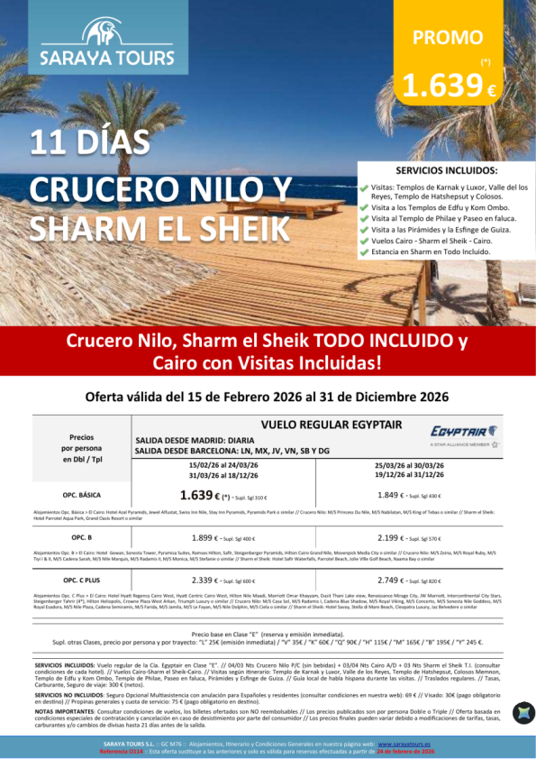 Crucero Nilo y Sharm el Sheik 11d Salida dsd Mad y Bcn *Crz, Sharm en T.I. y Cairo con Visitas* hasta Dic26