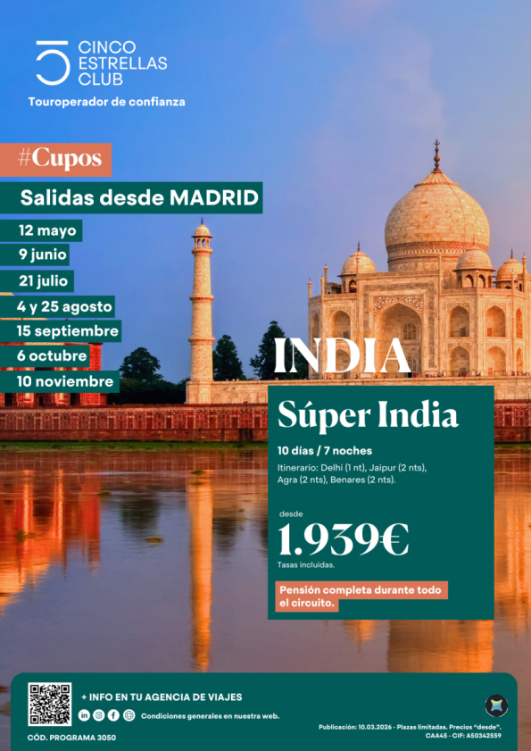 Cupos | Súper India 10ds/7ns dsd 1.939 &euro; Sal: 12.05-09.06-21.07-4 y 25.08-15.09-06.10-10.11 dsd Madrid en PC
