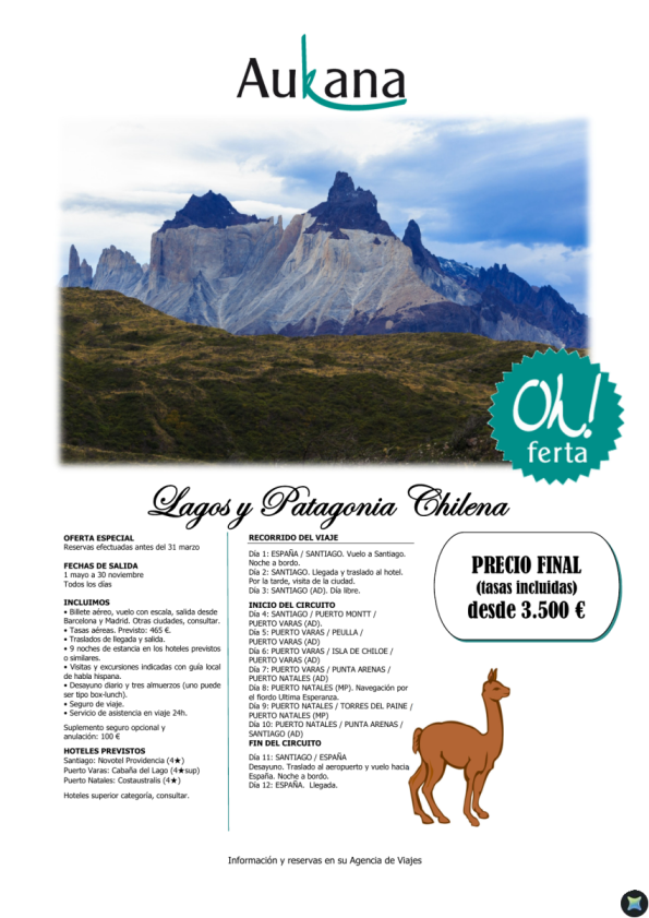 Lagos y Patagonia Chilena - reservas efectuadas antes del 31 marzo