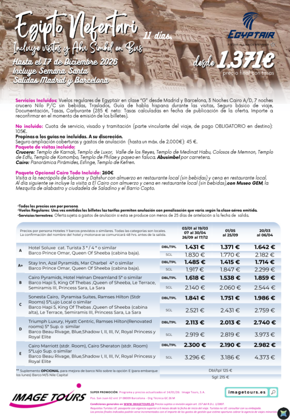 Nefertari hasta diciembre 2026, 11 días de viaje a Egipto desde 1.371 &euro; 