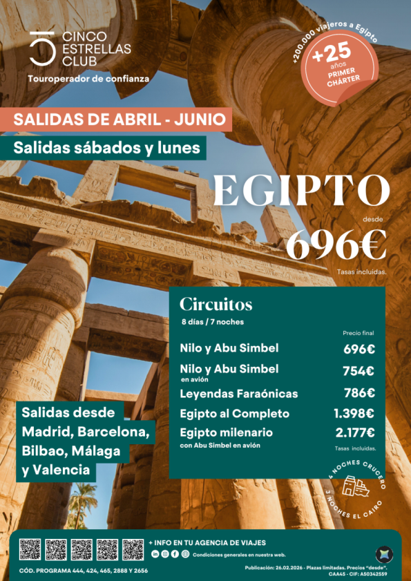 Egipto salidas abil-junio sábados y lunes desde 696 &euro; Nilo y Abu Simbel 8ds/7ns sal.dsd Mad,Bcn,Bio,Agp,Vlc