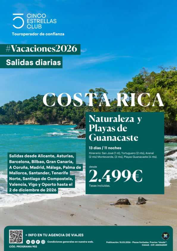 Naturaleza y Playas Guanacaste 13ds/11ns dsd 2.499 &euro; sal. diarias hsta diciembre\'26 ver aerop. salidas en ofert
