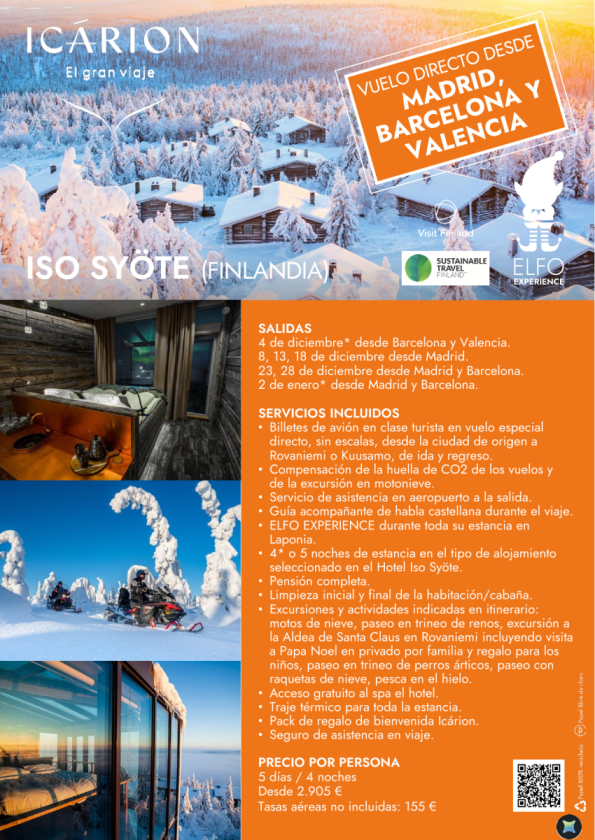 Iso Syöte con vuelo directo desde Madrid, Barcelona y Valencia