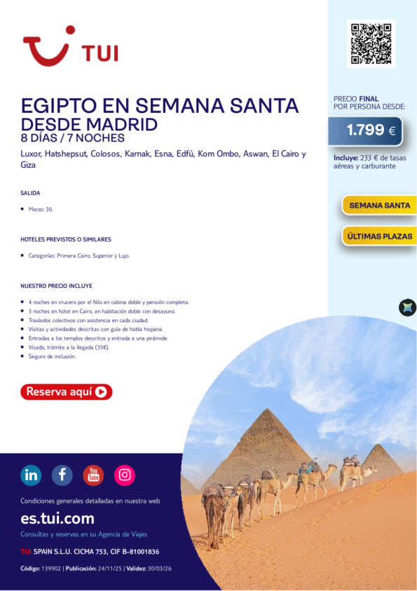 Egipto en Semana Santa. 8 días / 7 noches. Salida 30 MAR desde MAD desde 1.799 &euro; 
