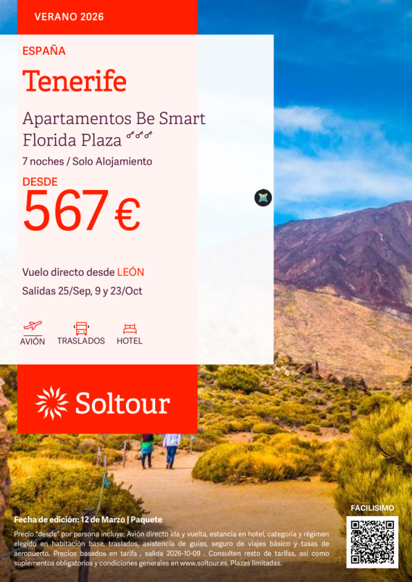 Tenerife en Apartamentos Be Smart Florida Plaza desde 567 &euro; , salidas 25 Septiembre, 9 y 23 Octubre desde León