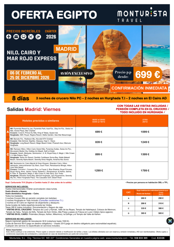 Nilo,Cairo y Mar Rojo Express*** desde 699 &euro; - salida MAD vnes. chárter Aswan,3ncrucero+2nHurghada+2nCai+visitas