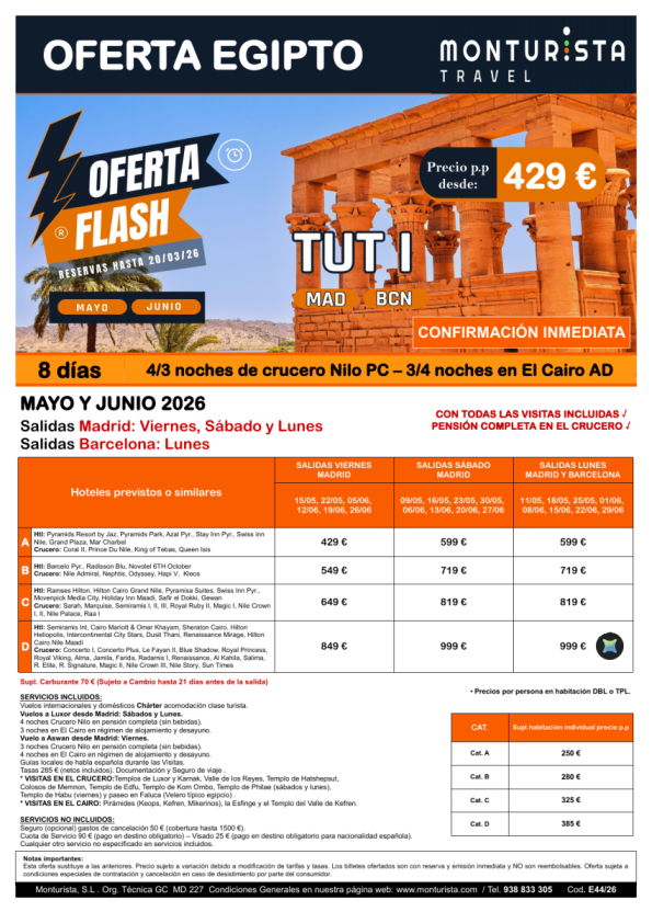 Oferta Flash®-TUT I***desde 429 &euro; -salida charter MAD vier,sab,lun BCN lun-Mayo y Junio 3/4n crc+4/3n ai+visita