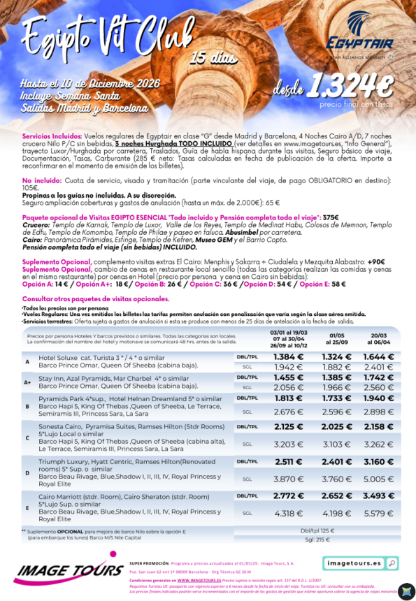 VIT Club hasta diciembre 2026, 15 días de viaje a Egipto desde 1.324 &euro; 