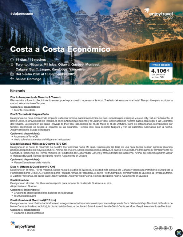 Canadá Costa a Costa Económico desde 4.106 &euro; 