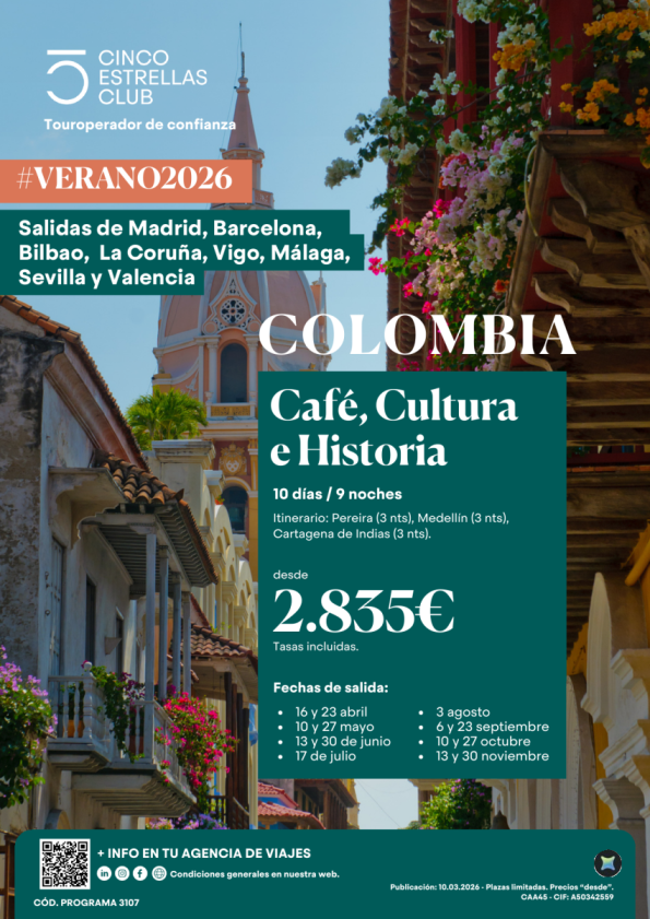 Colombia | Café.Cultura e Historia 10d/9ns dsd2.835? sal abril a nov\'26 dsd Mad,Bcn,Bio,Lcg,Vgo,Agp,Svq,Vlc