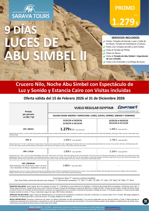 Luces de Abu Simbel 9d. Mad y Bcn*Crucero, Noche en Abu Simbel+Espectáculo y Cairo con Visitas*hasta Dec26