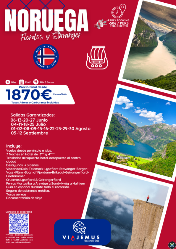 Descubrir los fiordos y Stavanger en Noruega? Es el momento ahora con un DTO directo de -50? persona. EB