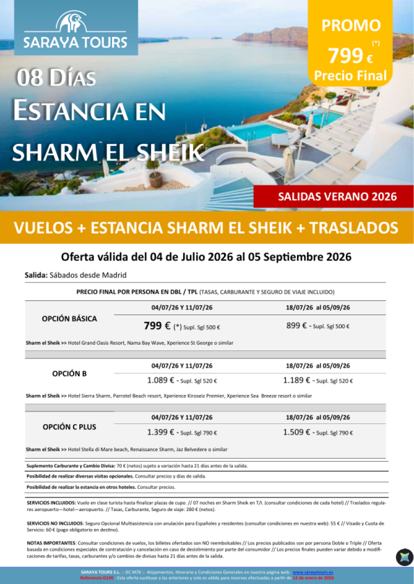 ** NOVEDAD ** Estancia en Sharm el Sheik 8 dias en Todo Incluido. Salidas desde Madrid . Desde 799 &euro; 