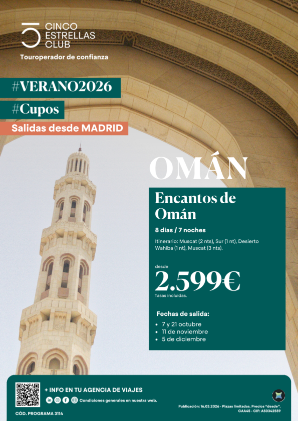 CUPOS | Encantos de Omán 8ds/7ns dsd 2.599 &euro; sal. Octubre:7y21, Noviembre: 11, Diciembre: 5 desde Madrid