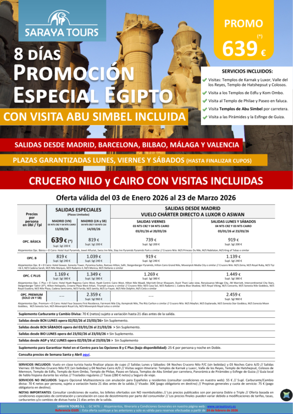 Promo Egipto con Abu Simbel 8días. *Salidas Mad, Bcn, Bio, Agp & Vlc* Crucero y Cairo desde 599 &euro; 