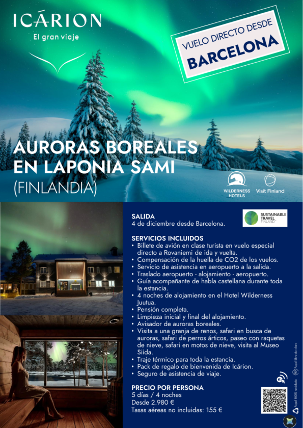 Auroras boreales en Laponia Samu. Vuelo directo desde Barcelona