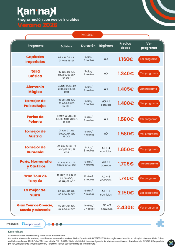 Programación Kannak Verano 2026. Salidas desde Madrid