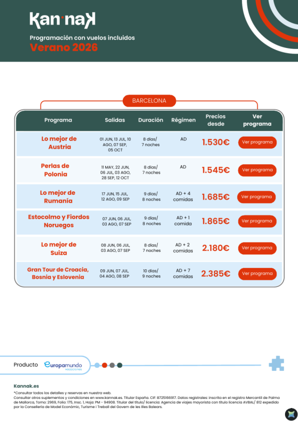 Programación Kannak Verano 2026. Salidas desde Barcelona