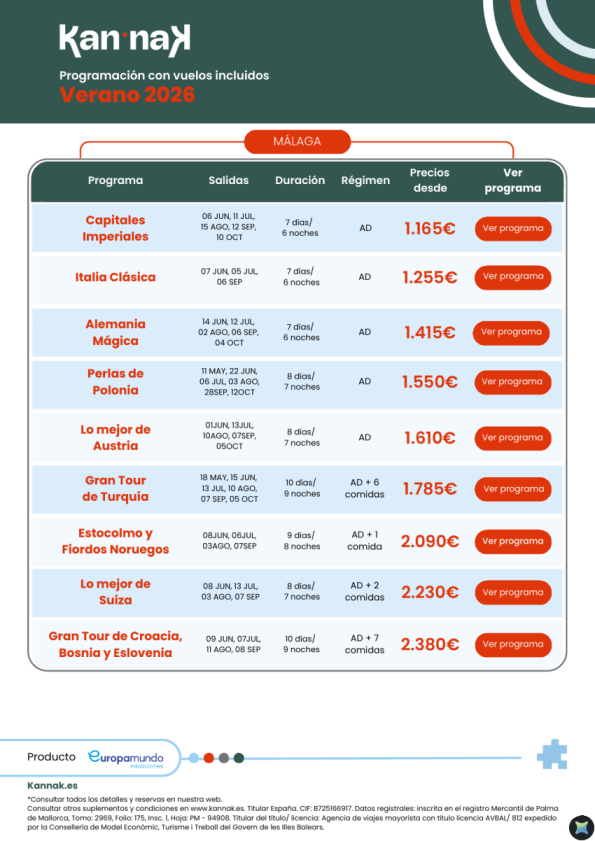 Programación Kannak Verano 2026. Salidas desde Málaga